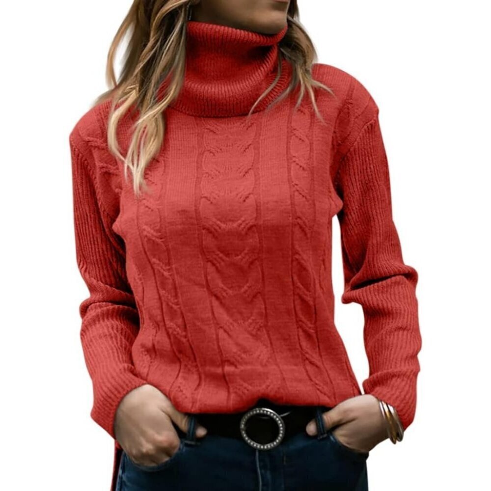 Womens Brick Red Pull On Cable Knit Turtleneck Long Sleeve Casual Warm Sweaters